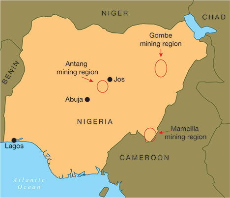fig14-223197-468x.jpg. Map of Nigerian sapphire sources.