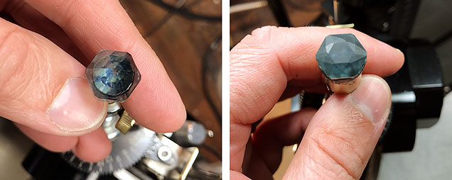 The sapphire during the cutting process.