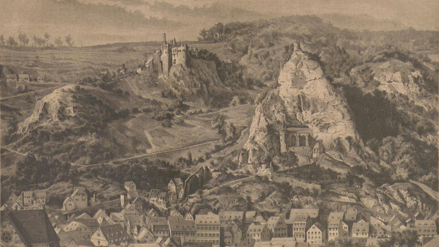 イダー＝オーバーシュタインの町の様子。『Das Buch für Alle』（Vol.17、No.7、153ページ、1882年）より。