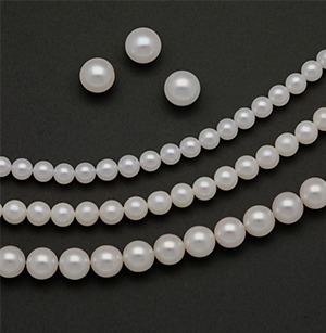 Three loose white freshwater pearls above three strands of freshwater and akoya cultured pearls of varying sizes