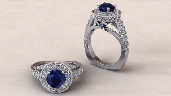 A wonderfully ornate shank is the star in Jewelry Design &amp; Technology alum Tyler Abe’s sapphire engagement ring. Creating such an intricate piece was a highlight of his GIA education. 