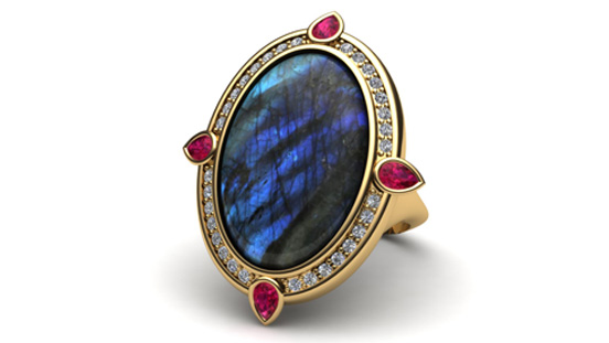 Jewelry Design &amp; Technology alum Tess Lecklitner’s statement ring is a study in contrasts. A labradorite is surrounded by diamonds and accented by rubies. 
