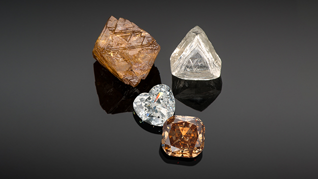 A brown octahedral diamond crystal and a colorless macle above a brown cushion cut diamond and colorless heart-shaped diamond.