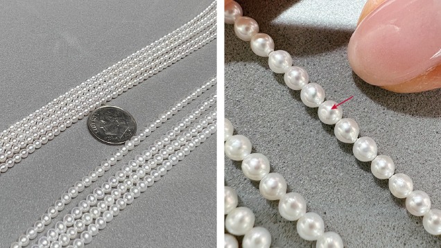 Split image shows strands of round freshwater pearls compared to strands of akoya pearls