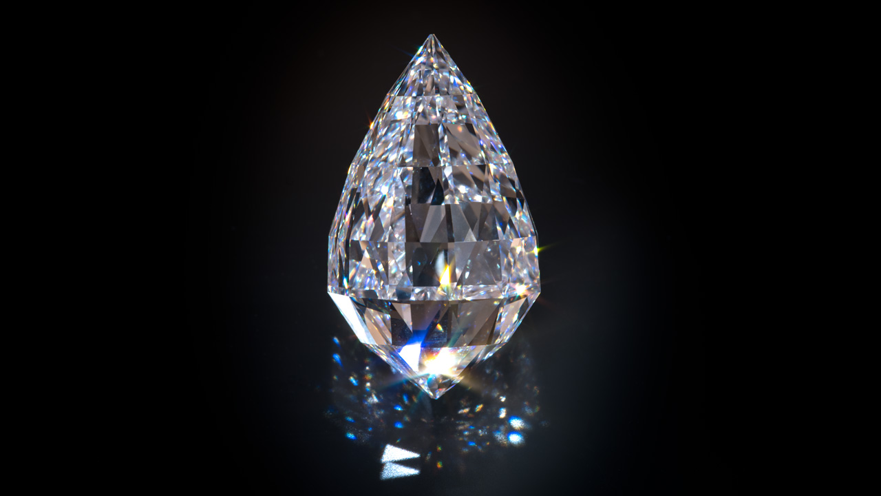 imgi_25_179958_1280x720. The 50.05-carat, D-color, Flawless briolette-cut diamond is from Diacore. Courtesy of Diacore. Photo by Robert Weldon/GIA