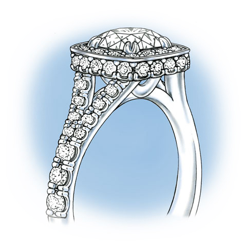 Perspective view of a platinum ring with a halo setting, featuring a split shank set with diamonds Perspective view of a platinum ring with a halo setting, featuring a split shank set with diamonds