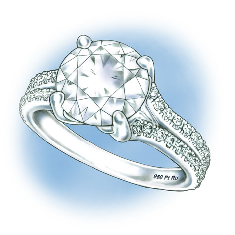Perspective view of a platinum solitaire, featuring a split shank set with diamonds Perspective view of a platinum solitaire, featuring a split shank set with diamonds
