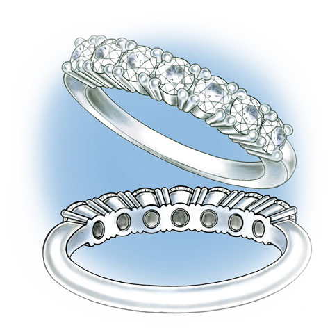 Perspective view of a platinum ring with diamonds set in the shank Perspective view of a platinum ring with diamonds set in the shank