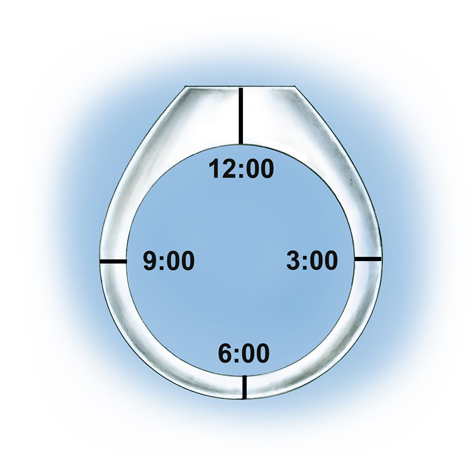 Close-up views highlighting the height and depth dimensions of a platinum band, including an illustration depicting clock locations (12:00, 3:00, 6:00 and 9:00) Close-up views highlighting the height and depth dimensions of a platinum band, including an illustration depicting clock locations (12:00, 3:00, 6:00 and 9:00)