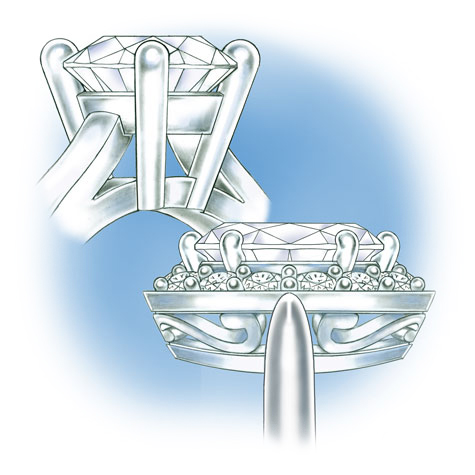 Two close-up views of platinum solitaire settings, featuring negative space and other design details Two close-up views of platinum solitaire settings, featuring negative space and other design details