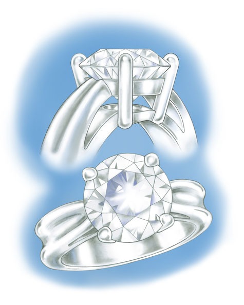 Side and perspective views of a four-prong, platinum solitaire Side and perspective views of a four-prong, platinum solitaire