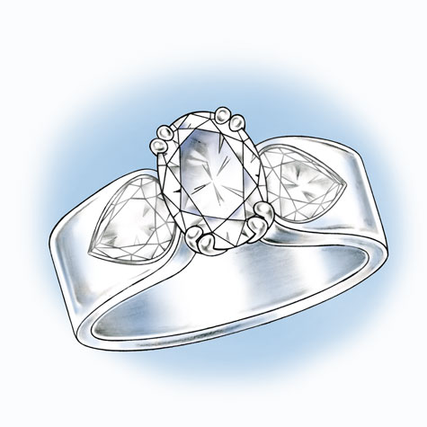 Perspective view of an oval solitaire with large, pear-shaped diamonds set in the wide shank Perspective view of an oval solitaire with large, pear-shaped diamonds set in the wide shank