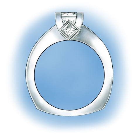 	Side view of platinum solitaire. Design features a princess cut center stone set in v-prongs, two princess cut, bezel-set side stones in the gallery, and princess cut, channel-set stones down each side of the shank.