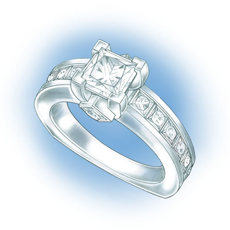Perspective view of platinum solitaire. Design features a princess cut center stone set in v-prongs, two princess cut, bezel-set side stones in the gallery, and princess cut, channel-set stones down each side of the shank.