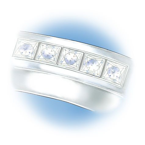 	Close-up view of five princess cut, channel-set stones located in the shank of the platinum solitaire.	