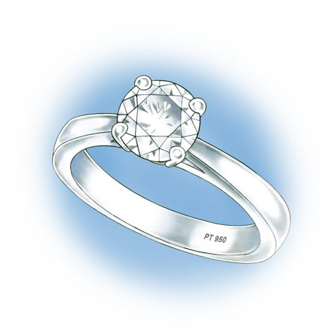 Perspective view of a platinum 4-prong solitaire with no diamonds set in the shank