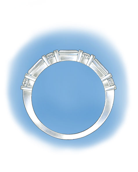 Side view of a platinum band channel-set with round and baguette diamonds Side view of a platinum band channel-set with round and baguette diamonds
