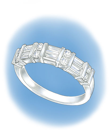 Perspective view of a platinum band channel-set with round and baguette diamonds. Perspective view of a platinum band channel-set with round and baguette diamonds.