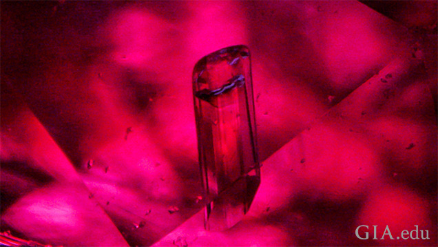 A rare inclusion of iolite (cordierite) is seen in this ruby from Greenland. Field of view 1.42 mm. A rare inclusion of iolite (cordierite) is seen in this ruby from Greenland. Field of view 1.42 mm.
