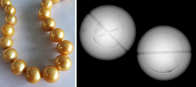 Left: Blemishes and dark color concentrations. Right: Bead within pearls. Left: Blemishes and dark color concentrations. Right: Bead within pearls.