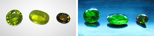 Greenish and yellowish Luc Yen tourmaline in daylight, short-wave UV