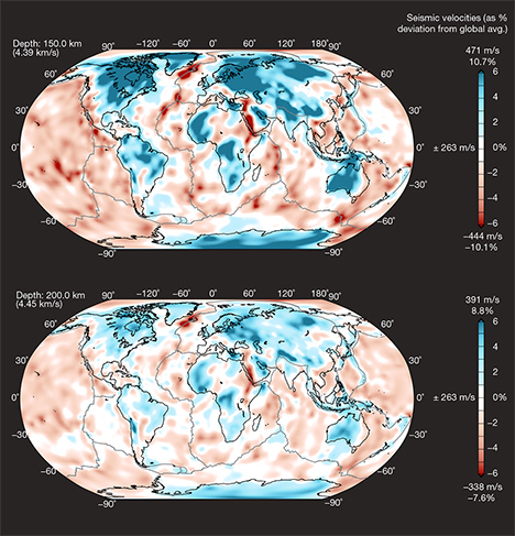 Global seismic shear speed model at depths of 150 km and 200 km. Global seismic shear speed model at depths of 150 km and 200 km.