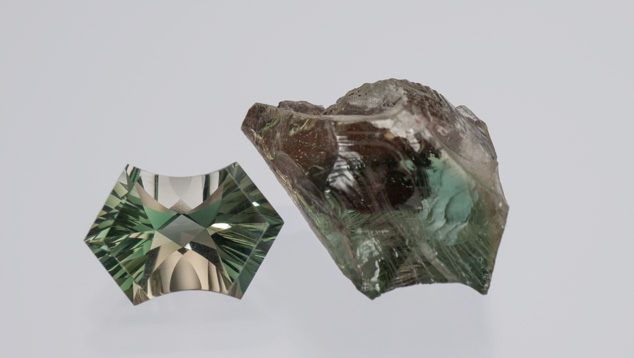 The 2.40-ct. faceted bicolor gem displays an unusual green and yellow combination. Gem cutters seek ways to display unusual colors from rough like the 9.36-ct. specimen. – Robert Weldon The 2.40-ct. faceted bicolor gem displays an unusual green and yellow combination. Gem cutters seek ways to display unusual colors from rough like the 9.36-ct. specimen. – Robert Weldon