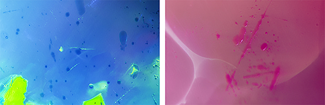 Both the blue and pink opal showed dye color concentrations around pits and scratches on the surface. Both the blue and pink opal showed dye color concentrations around pits and scratches on the surface.