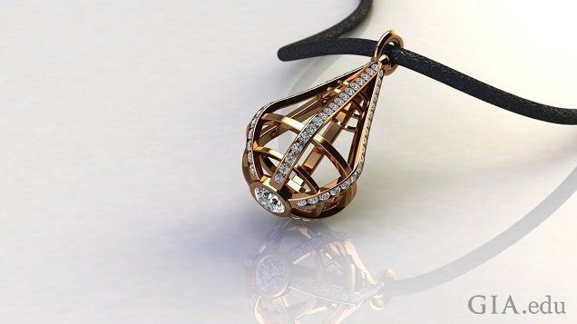 A tear-drop shaped cage of gold and diamonds hangs from a black leather cord.