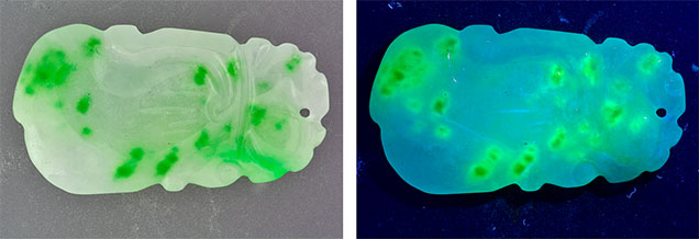 Jadeite with spot dyeing fluoresces bright green under long-wave UV light