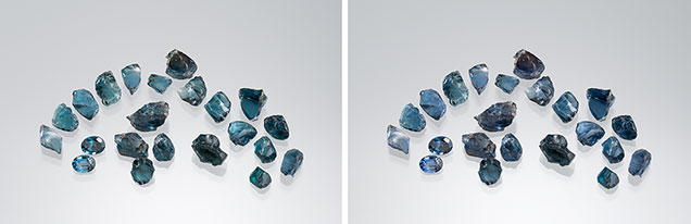 Color-change garnets under different light sources.
