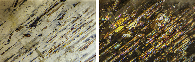 Brown and black exsolution platelets of hematite and ilmenite in feldspar show colorful thin-film interference colors.